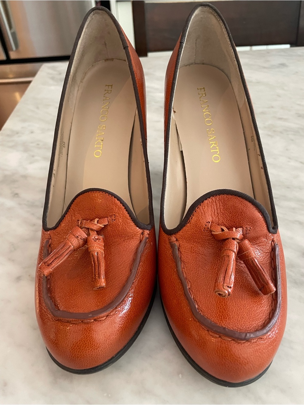 Franco Sarto Orange Leather Tassel Loafers with Brown Trim
